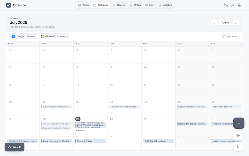 Organizer: New Tab Task Manager & Calendar :: Replace your new tab with a kanban task board, calendar sync, sticky notes, quick links and AI. Free, no account needed.