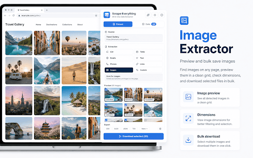 Scrape Everything - All in One Data Extractor :: Scrape tables, lists, emails, images and directories from any website. Export to CSV, XLSX, JSON. No code, no API, 100% local.