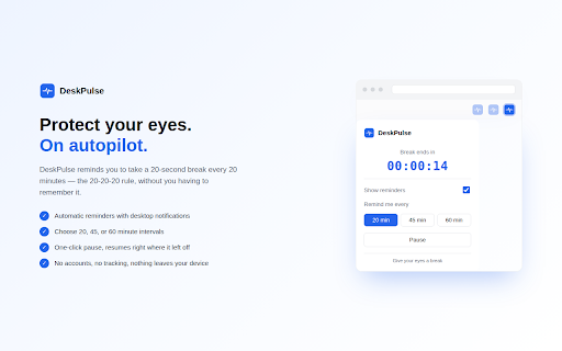DeskPulse :: A focus & wellness assistant for screen work: 20-20-20 eye break reminders to protect your eyes during long screen sessions.
