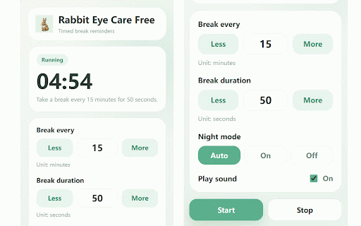 Rabbit Eye Care - Free Break Reminder :: Timed eye-care break reminders for Chrome with a rest overlay, heads-up alerts, sound, and dark mode.