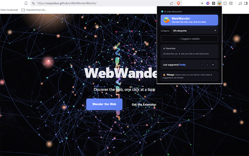 WebWander :: Discover the web, one click at a time. Curated and community sites tailored to your interests. Browsing history stays private.