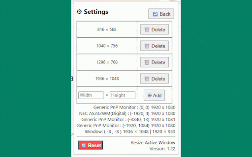 Resize Active Window アクティブなブラウザウィンドウのサイズを変更 :: Resize the active window to predefined sizes. アクティブなウィンドウを事前定義されたサイズに変更します。