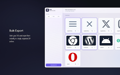 SVG Downloader :: Find, preview, resize, and export SVG images from any webpage as SVG, PNG, or JPG - with minify and crop options.