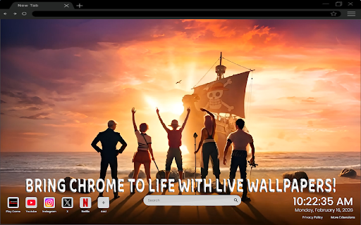 One Piece Straw Hat Pirates Epic Journey Live Wallpaper :: Join the Straw Hat Pirates on their epic journey with this powerful One Piece live wallpaper for Chrome new tab.
