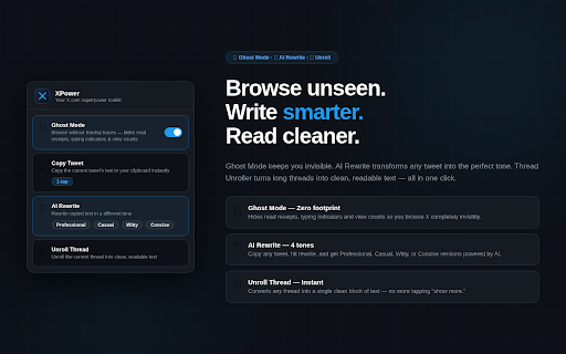XPower — Tools for X.com :: AI rewrite, tweet scheduler, analytics, thread unroller, and Ghost Mode for X.com