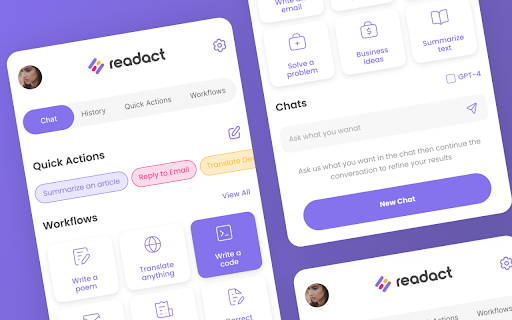 Readact - Assistant IA - Raccourcis et dictée vocale | ChatGPT 4o :: Créez et utilisez vos raccourcis IA en un clic ou avec la dictée vocale. Écrire, traduire, résumer, développer, reformuler etc.