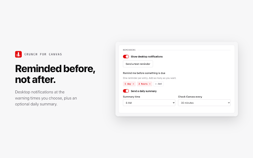 Crunch for Canvas :: Your Canvas coursework in Chrome: what's due, what's missing, your grades, and reminders before deadlines.