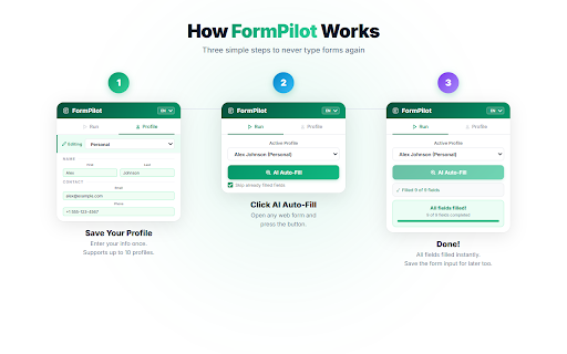 FormPilot - AI Form Autofill :: Fill any web form with one click. AI-powered autofill for name, address, email & more. Free, no account needed.