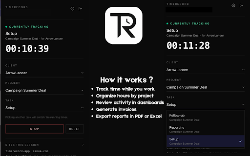 TimeRecord - Time Tracker & Timesheet :: Automatic time tracking for freelancers. Times your work and logs which websites you used, by Client / Project / Task.
