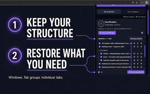 Tab Snapshot - Save, Restore & Auto Backup :: Save and restore Chrome tabs, windows, and tab groups. Includes Auto Snapshots plus encrypted local and Google Drive backups.