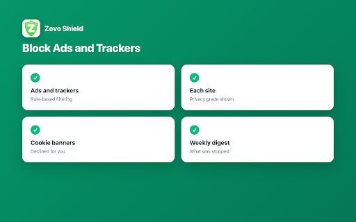 Zovo Shield - Block Ads and Trackers :: Block ads and trackers, see each site’s privacy grade, hide cookie banners with one switch, and get a weekly tracker digest.