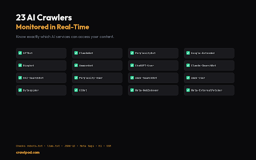 CrawlPod — AI Visibility Score & SEO Checker :: Check your AI visibility. See if major AI crawlers can find, read, and cite your website. Free AI SEO audit tool.