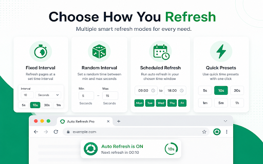 Auto Refresh Pro :: Auto refresh any page or tab automatically at custom intervals, with random timing, schedule, and cache clearing options.
