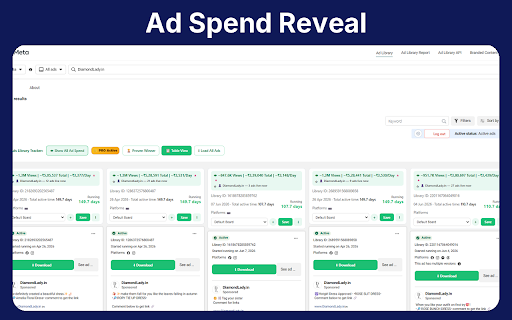 Adlens - Ads Library Tracker :: Shows how many days each ad in the Meta Ads Library has been running, plus estimated or real spend/reach data where available.
