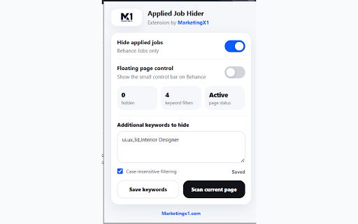 MX1 Behance Applied Jobs Hider :: Hide applied Behance job cards and optional keyword matches from the Jobs and Freelance pages.