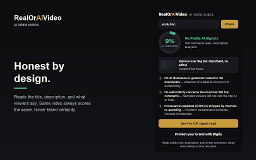 RealOrAiVideo: AI Video Check :: One click reads the public signals on any YouTube video and shows an honest AI Generation Likelihood.