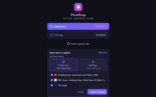 PixelSnap :: Snap, annotate, and share beautiful screenshots — visible area, full page, or batch capture with built-in editing tools.
