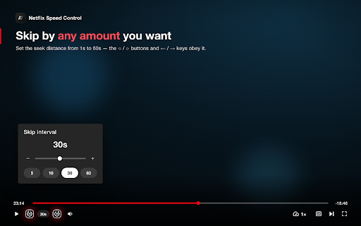 Netflix Speed Control — 2x Playback Speed, Fast Forward & Rewind :: Speed up Netflix — playback speed slider up to 2x, skip back or forward 1–60 seconds instead of 10, auto-skip intros & recaps.