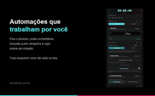 Live Infinity :: Sua LIVE do TikTok Shop no ar 24h direto do navegador, sem OBS: Modo Infinito, fixação de produto e comentários automáticos.