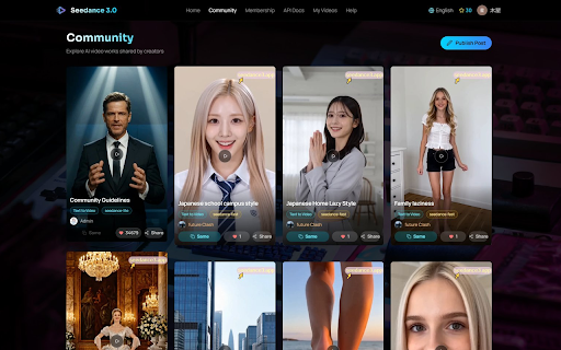 Seedance3 :: Browse community videos in side panel, play videos, view prompts/content, and launch Same in one click.