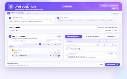 FolderCharm :: Find the right bookmark folder instantly — even with thousands of bookmarks — and save in seconds.