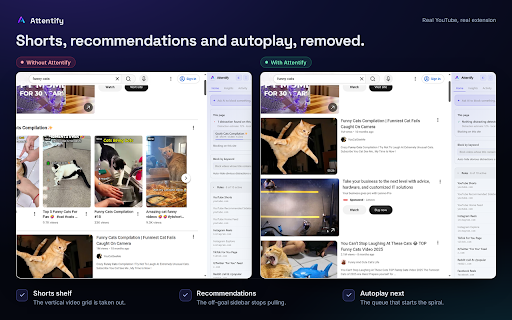 Attentify Element Blocker :: Keep the useful web, lose the bait. Removes feeds, Shorts and rage bait, reads each page in context, explains every call.