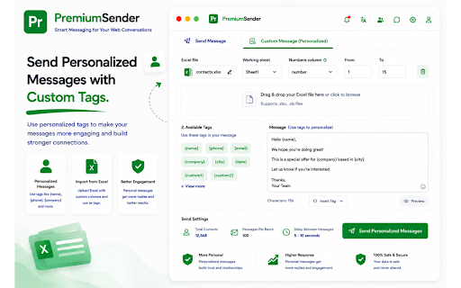 Premium Sender :: Bulk send personalized web messages, images, videos & docs. Export group contacts and direct message without saving numbers.