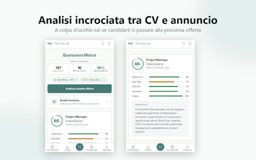 That's My Job :: Analizza qualsiasi offerta di lavoro con AI e scopri quanto il tuo CV è compatibile. LinkedIn, Indeed o qualunque career page.