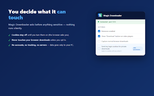 Magic Downloader :: Fast download manager companion: grab videos (HLS/DASH/MP4) with a button right on the player, plus capture normal downloads.