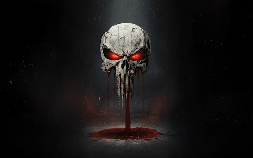 The Punisher Skull with Red Eyes and Blood Live Wallpaper :: Transform your new tab with dynamic HD live wallpaper featuring the Punisher skull, glowing red eyes, and a blood spatter effect.