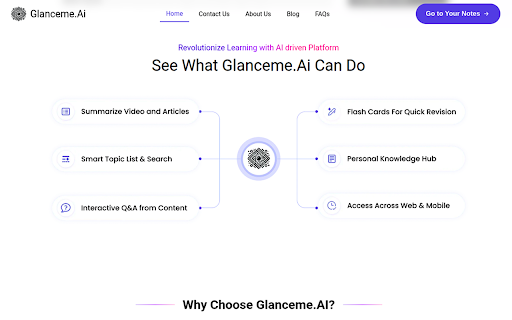 Glanceme.Ai :: Enhance your study game! glanceme uses AI to organize notes and simplify videos, making learning easier and more effective.