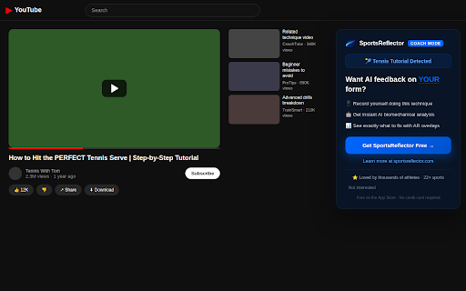 Coach Mode — AI Form Coach for Sport Tutorials :: Get AI coaching tips while watching sport tutorials on YouTube. Powered by SportsReflector — the #1 AI sports form analyzer.