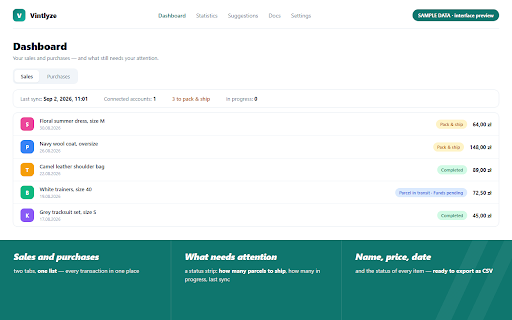 Vintlyze - Seller Tools for Vinted :: Vinted seller tools: sales statement, purchase tracking and stats. Independent third-party tool.