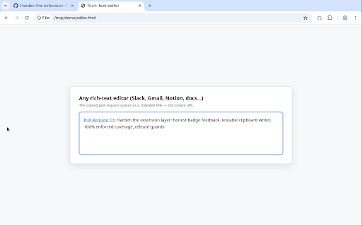 Copy PR Link :: Copy a GitHub PR as a rich-text hyperlink (Pull Request 1234: Title) that pastes as a clickable link in Slack, email, and docs.