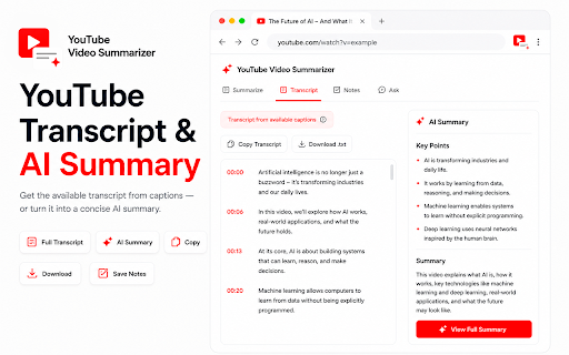 YouTube Video Summarizer: Free with AI :: AI Video Summary for YouTube & Web - all in one. Summarize tool: shorten web articles. The AI tool analyzes YouTube transcripts.