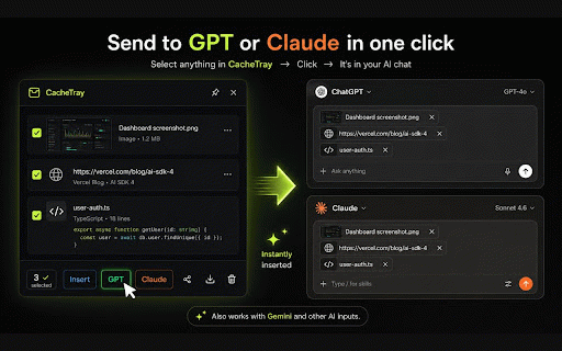 CacheTray – Clipboard for AI Workflows :: Copy screenshots, links and code — send them directly to Claude or ChatGPT in one click. Your clipboard for AI workflows.