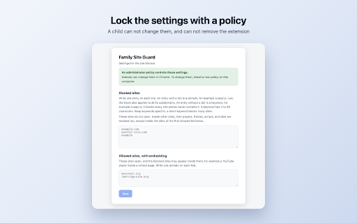 Family Site Guard :: Block sites such as YouTube, or allow only the sites you choose. Embedded videos keep working on the sites that you approve.