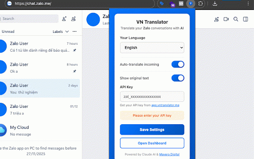 VN Translator :: AI-powered translation for Zalo Web - automatically translate Vietnamese messages and compose replies
