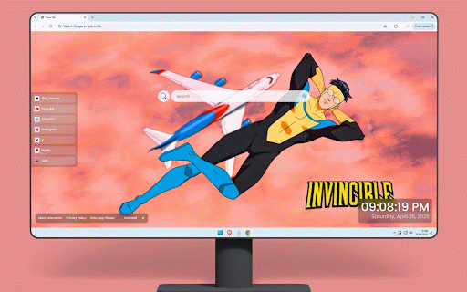 Invincible Sky Flight Live Wallpaper :: Superhero in yellow and black suit soars alongside passenger jet through vibrant sunset sky.