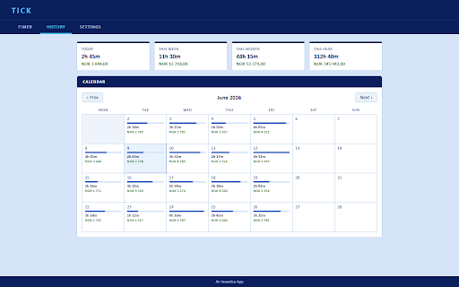 Tick :: Track the real employer cost of your work. Timer, projects, and cost history. By Investica AS.