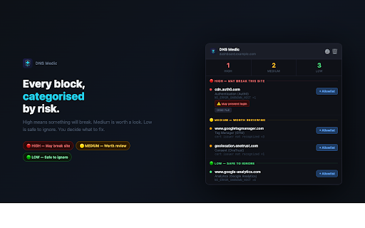 DNS Medic :: Detects DNS blocks that break websites. Supports NextDNS, Pi-hole, and Control D. Groups by risk and lets you allowlist instantly.