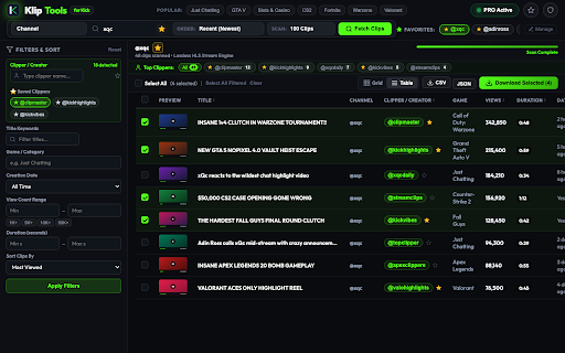 Klip Tools for Kick :: View, filter clippers, and bulk download clips from Kick channels and games with sortable tables and fast video downloads.