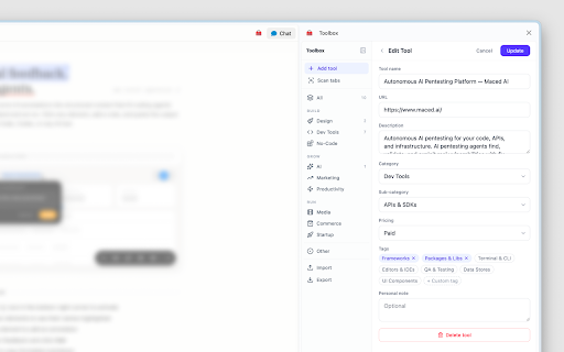 Toolbox :: Save, categorise, and organise every tool you discover across the web — automatically. Local-first, no account needed.