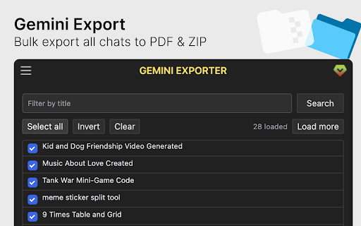 Gemini Exporter – Export Chats to PDF, Markdown & JSON :: Export Gemini conversations to PDF with full details. Select messages or bulk backup your chats.