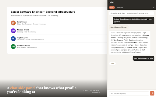 VScout - Agentic recruiting in the browser :: Source from LinkedIn and GitHub, chat with your recruiting agent, and send a notetaker bot to interviews - all in one tab.