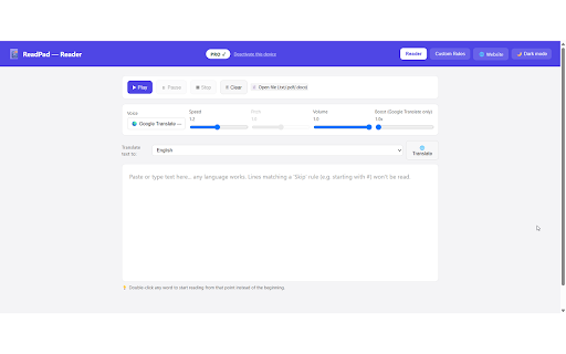 ReadPad - Text to Speech Reader :: Text-to-speech reader for Chrome. Read webpages or pasted text aloud. Pro adds translation, file import, and custom rules.