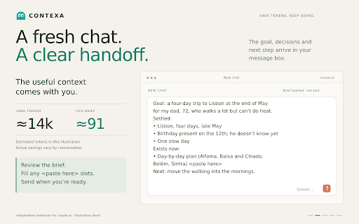 CONTEXA for Claude - Save tokens :: Save tokens on claude.ai. One press writes up to four next messages; Start fresh turns a long thread into a brief. You send it.
