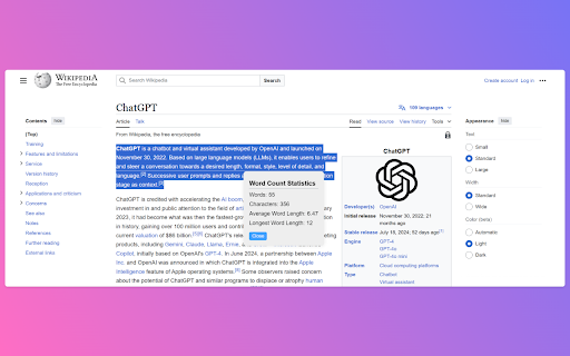 Word Count Stat Pro :: Quickly count the number of characters, words and word lengths of the selected text.