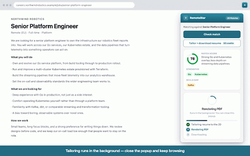 Rumero JD Matcher :: Score your Rumero profile against any job description, tailor your resume to it, and fill the job application form.