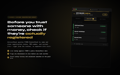 AdvisorCheck — Broker & Advisor Registration Lookup :: Look up FINRA BrokerCheck registration status, CRD number, and firm history for any broker or advisor by name.